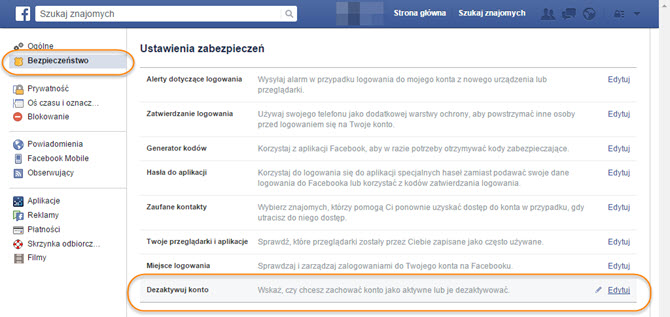 dezaktywacja konta krok 1