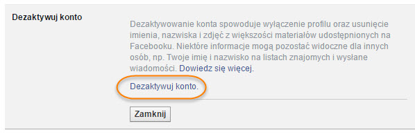 dezaktywacja konta na facebooku